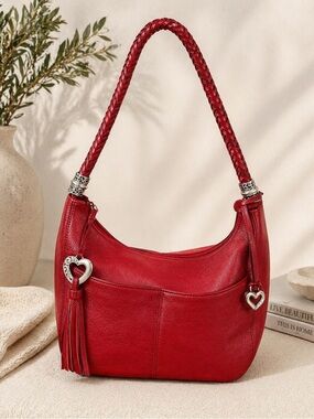 Brighton Red Pebbled Leather Shoulder Bag Braided Strap Hobo Purse